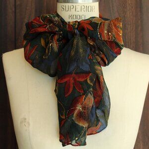 Vintage 1980s 1990s Scarf, Autumn Green Orange and Browns Rayon with Gold Leaf
